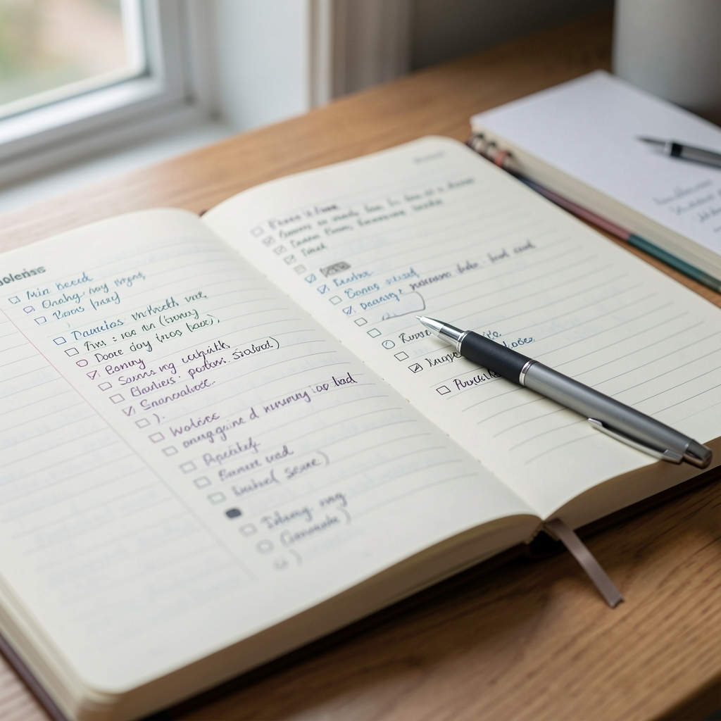 Close-up of an open wellness journal notebook with handwritten daily health tracking entries, pen resting on the page, natural side light from a window