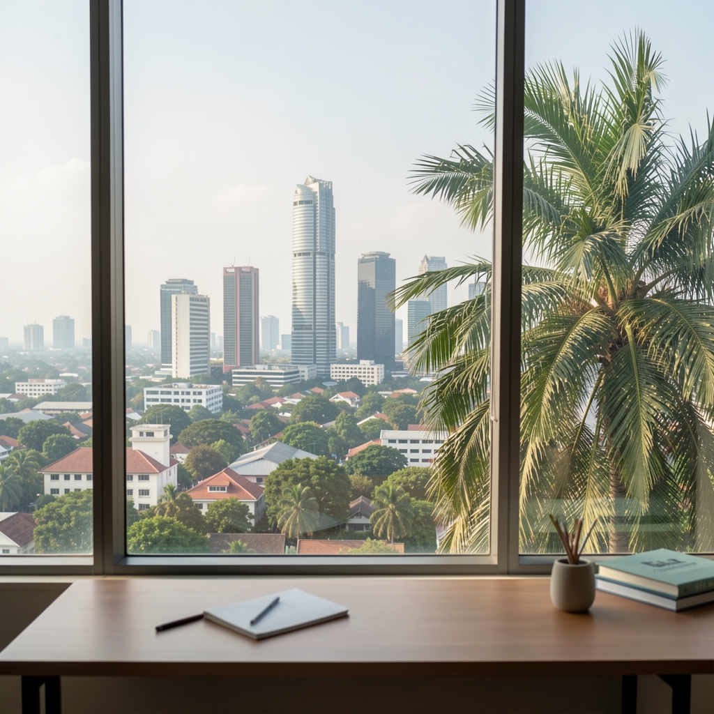 View through a large window of a Jakarta cityscape at mid-morning, palm tree visible in the foreground, the desk of a wellness professional in the lower frame