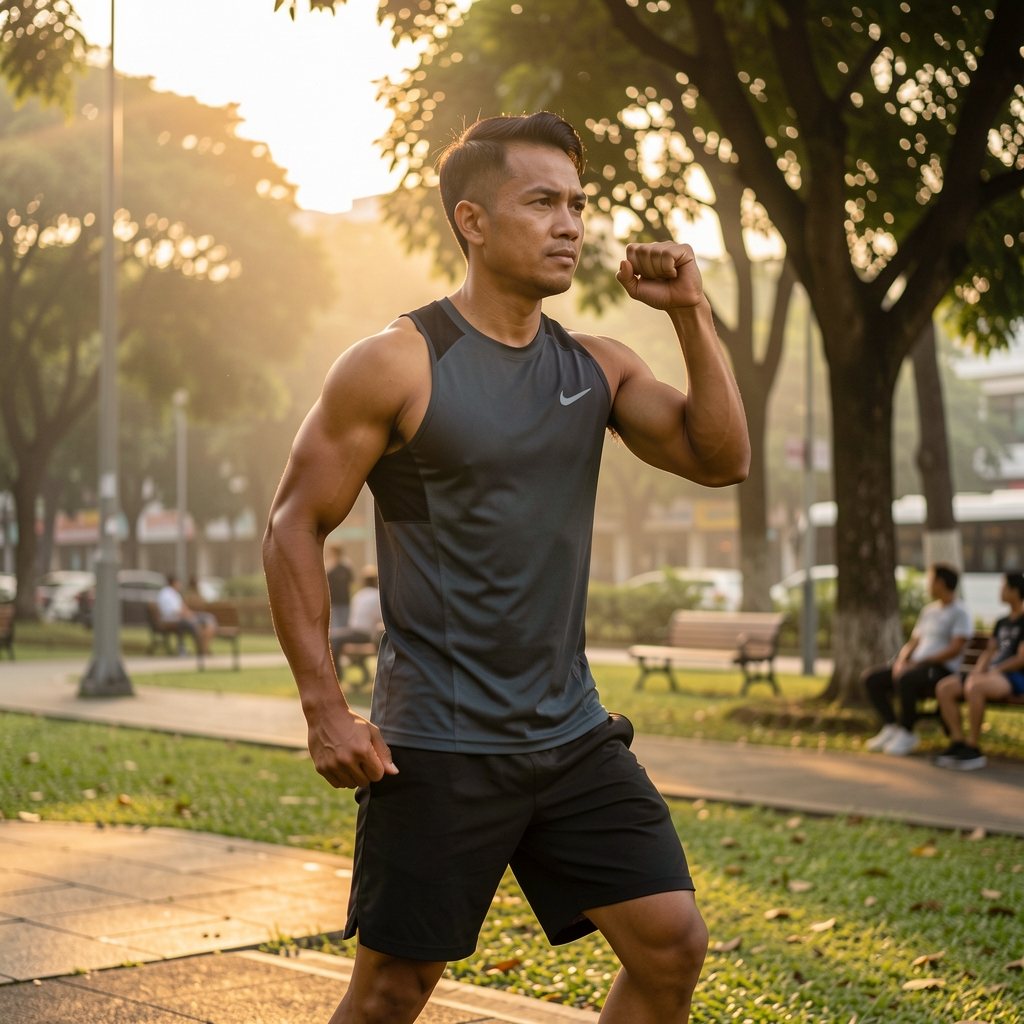 Indonesian man performing an early morning outdoor workout in a Jakarta park, wearing athletic gear, focused expression, warm sunrise light