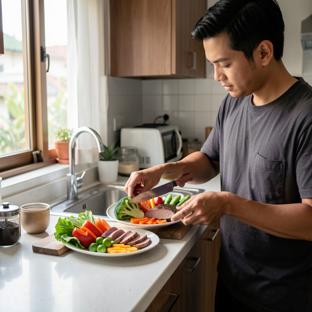 Man preparing a balanced meal with fresh vegetables and lean proteins at a home kitchen counter in Jakarta, natural side lighting