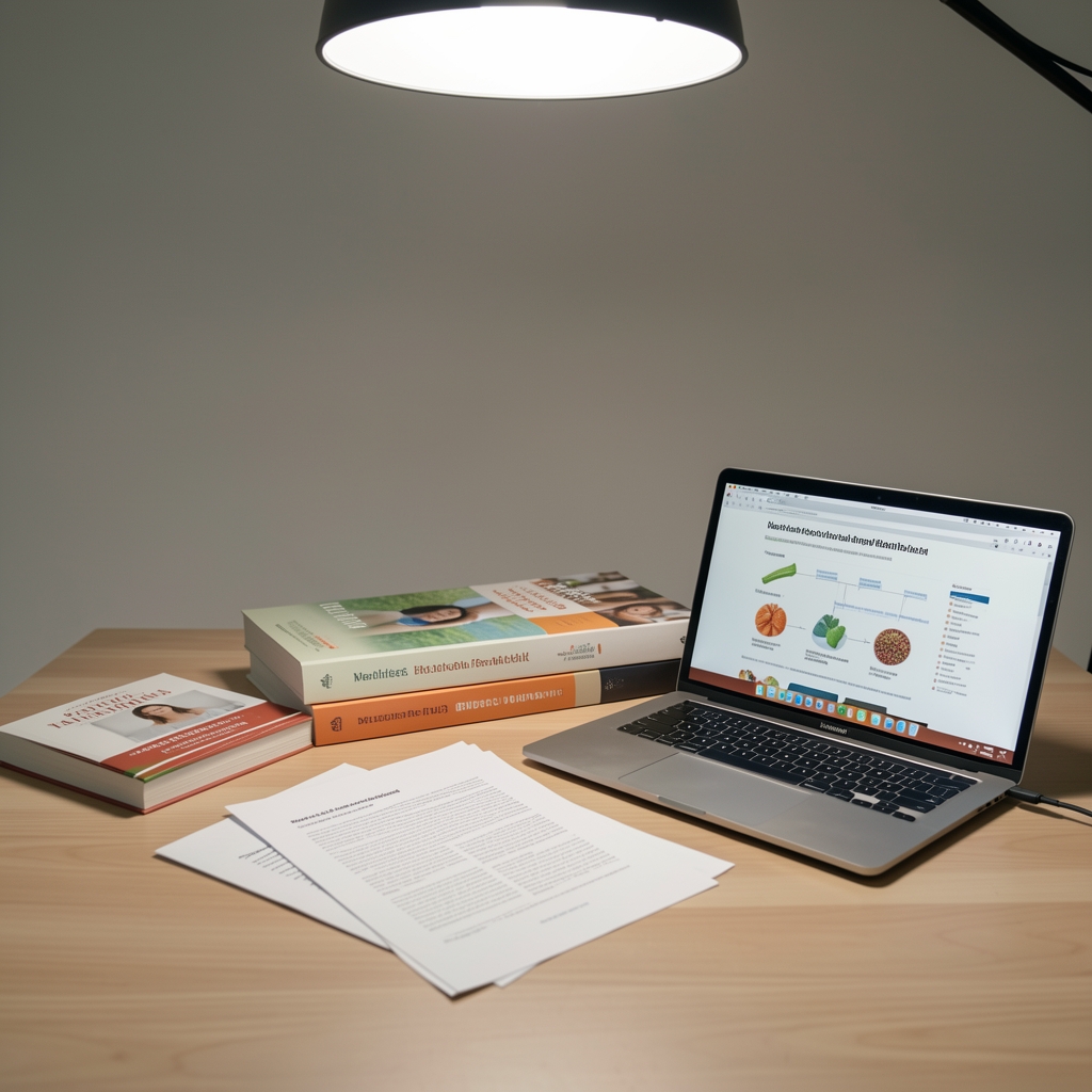 Wellness content review session in a Jakarta studio with a printed article draft, reference books, and a laptop open to a published nutritional research journal, overhead controlled lighting