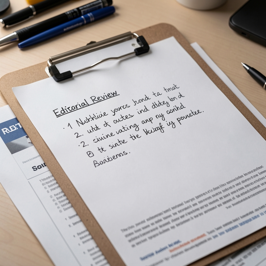 Close-up of handwritten editorial review notes on a clipboard with a published nutritional journal article visible underneath, in a workspace with controlled lighting