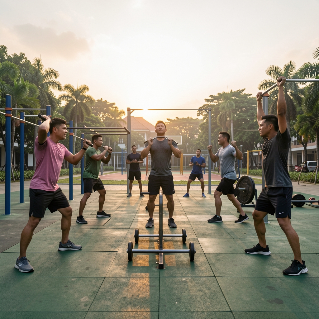 Group of men participating in an outdoor functional fitness session in a Jakarta sports park at dawn, calisthenics equipment visible